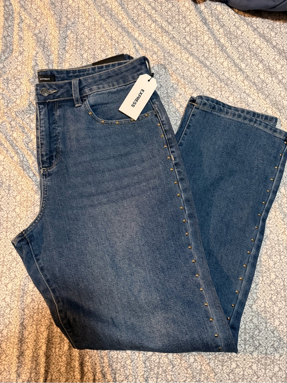 Express Straight-Leg Blue Jeans with Side Stud Accents
